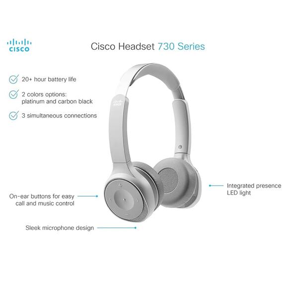 CISCO Headset 730, Wireless Dual On- Ear Bluetooth Headset with Case, USB-A HD - Picture 2 of 9